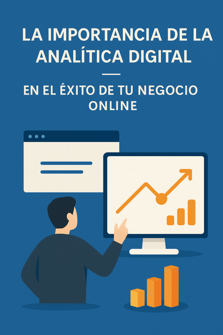 Chico viendo graficas en un estilo flat donde se puede leer Importancia de negocio digital: En el éxito de tu negocio Online